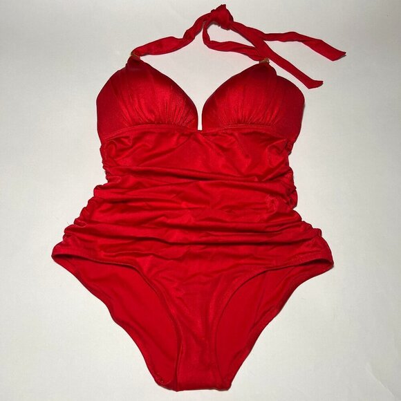 Victoria Secret Medium M One Piece Swimsuit Bikini Push Up Ruched Lipstick Red - Picture 2 of 9